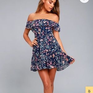 Lulus XS Navy Blue Floral Off the Shoulder Mini Dress